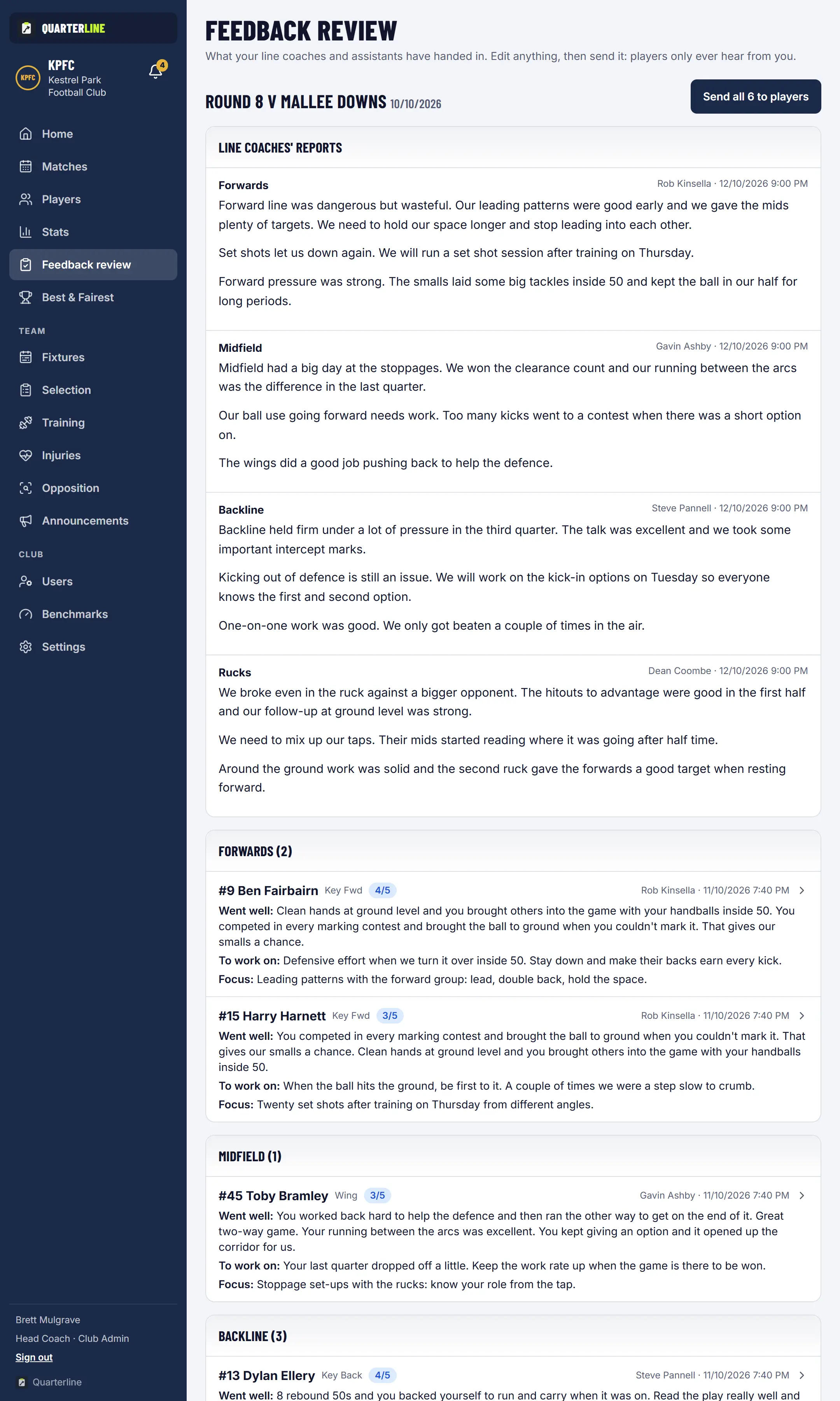 The feedback review queue: each line coach's feedback and line report, waiting for the Head Coach.