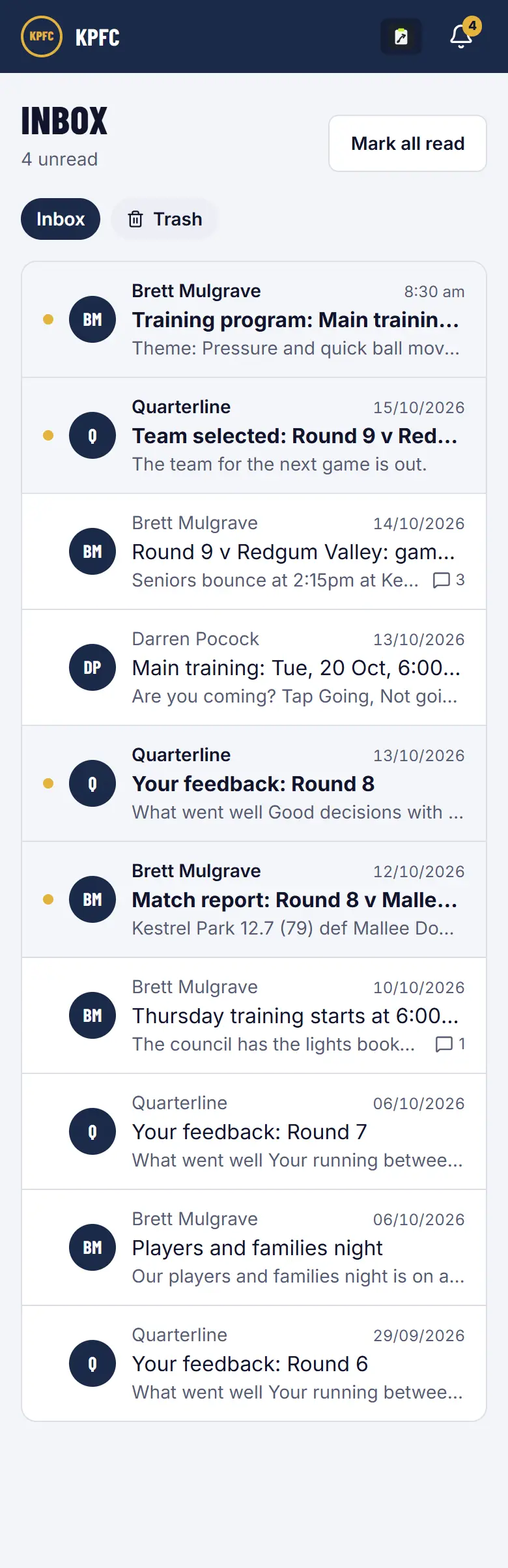 The club inbox on a phone, with the shared match report.