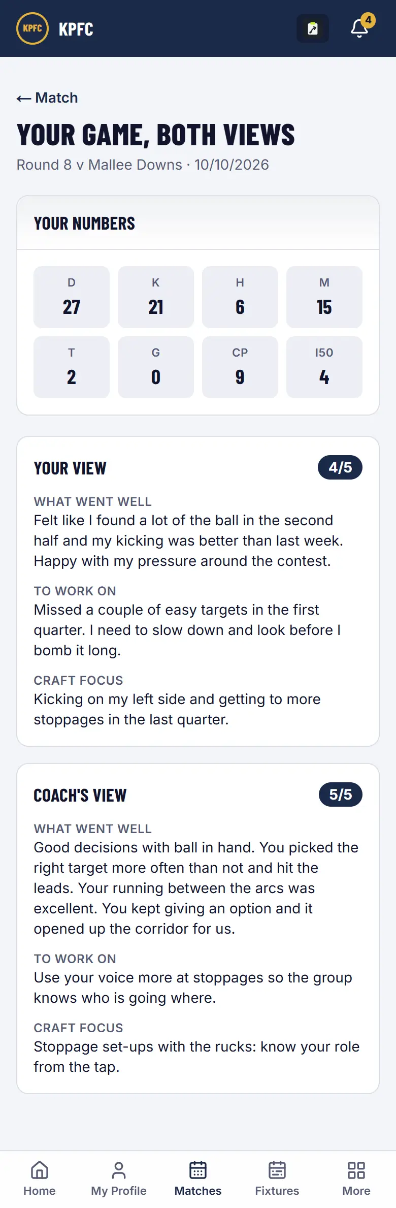 A player's game on a phone, both views: their numbers, their own review and the coach's feedback.