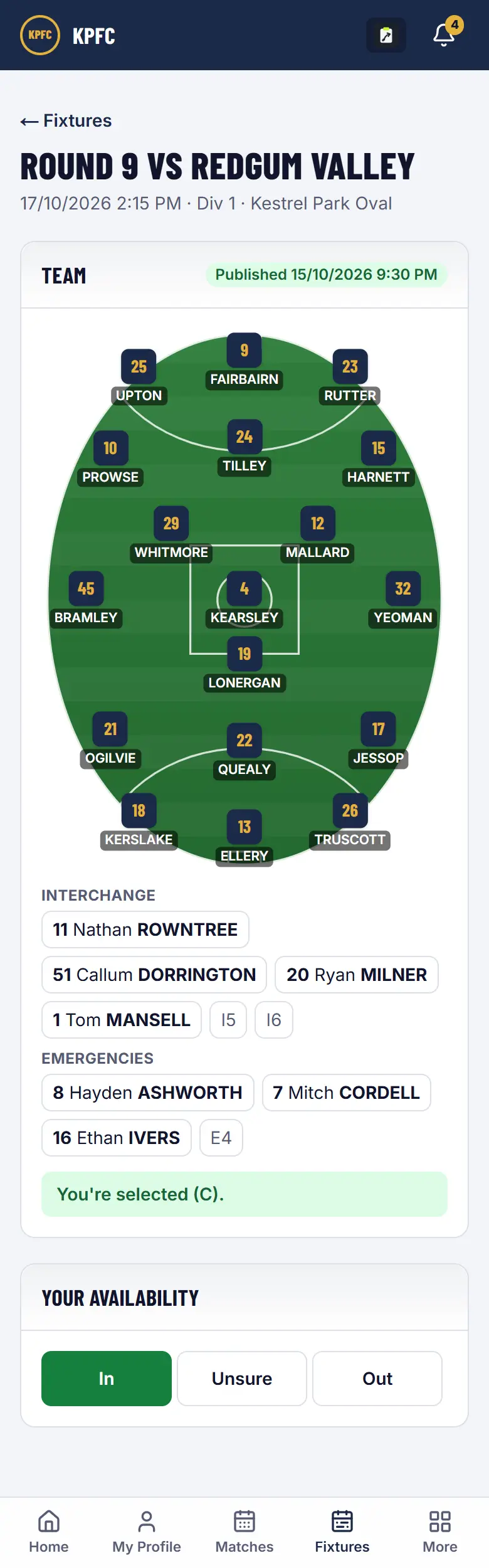 A player's next game on a phone: the published team and their availability.