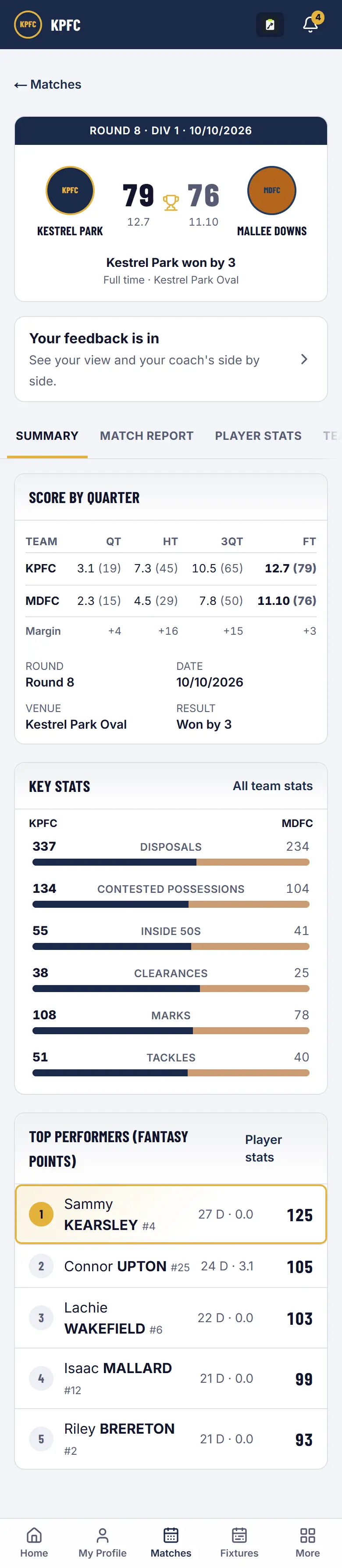 The latest game on a phone: the result, score by quarter and key team stats against the opposition.