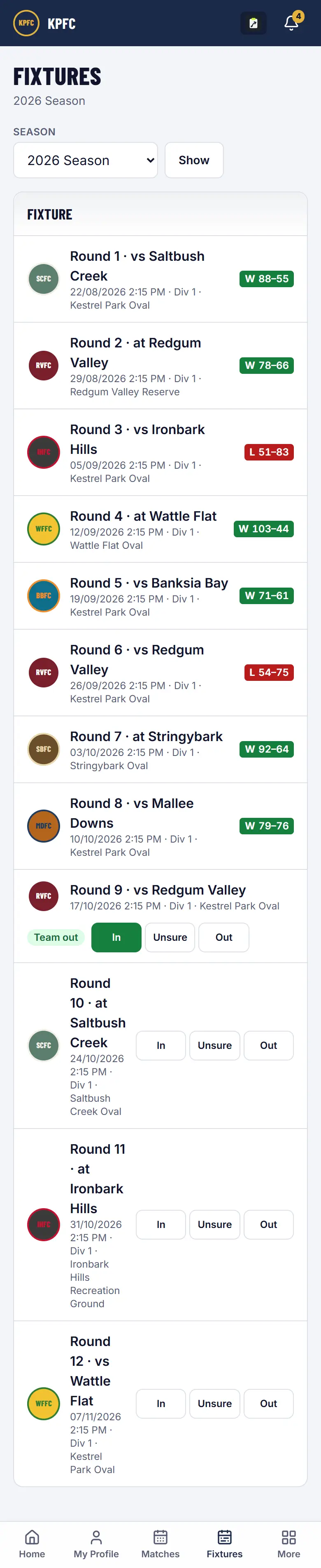 The season fixture on a player's phone: results so far and In, Unsure and Out for the games ahead.