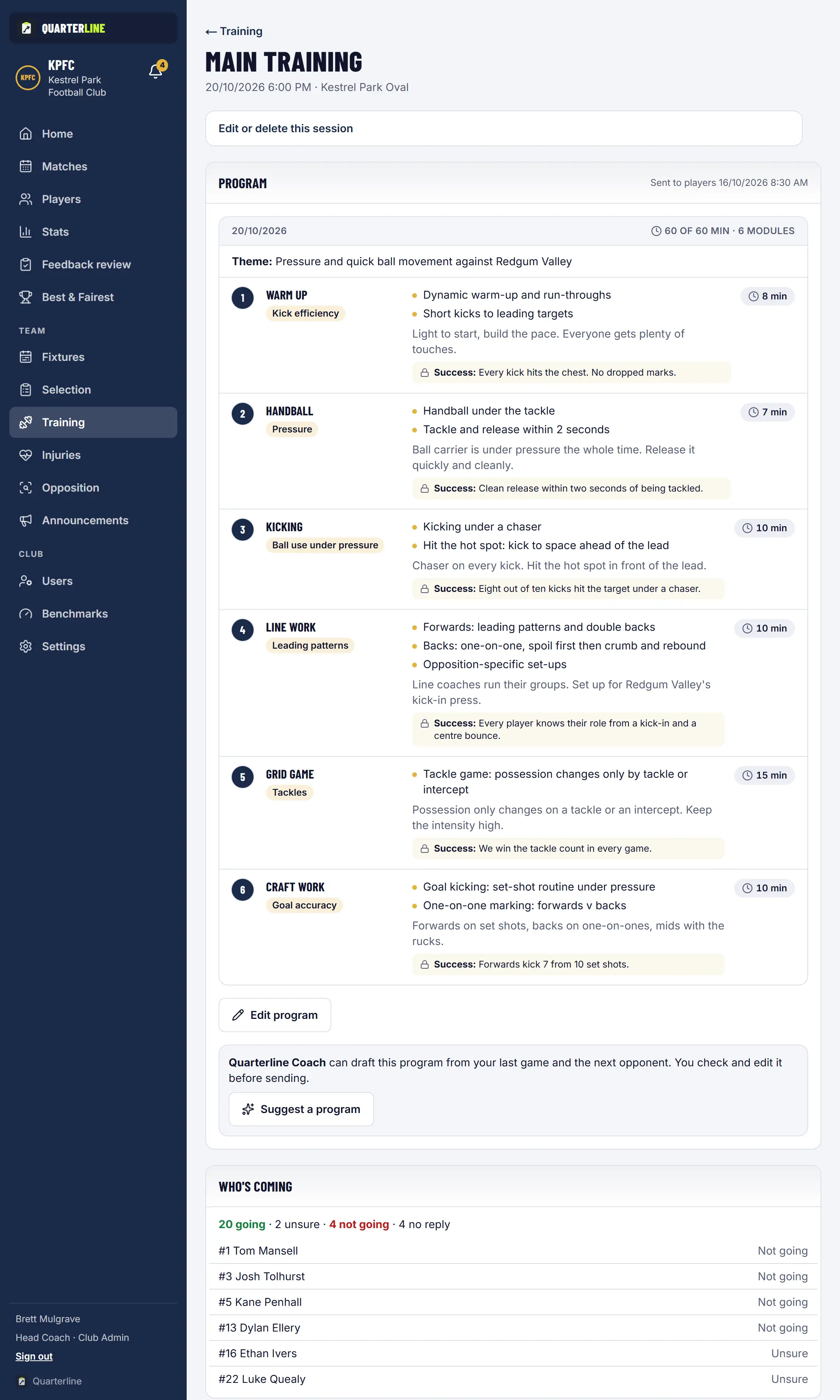 The training program builder: modules on a 60 minute session, drills from the club's library and a session theme.