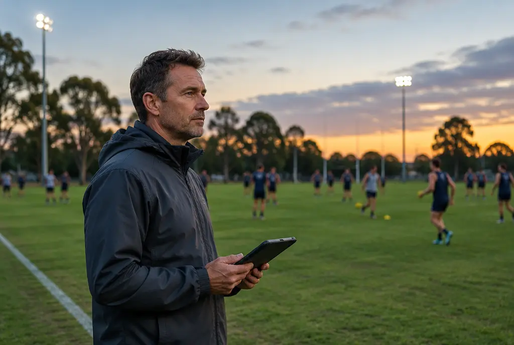 A coach holding a tablet on the boundary of a suburban oval at dusk while players train