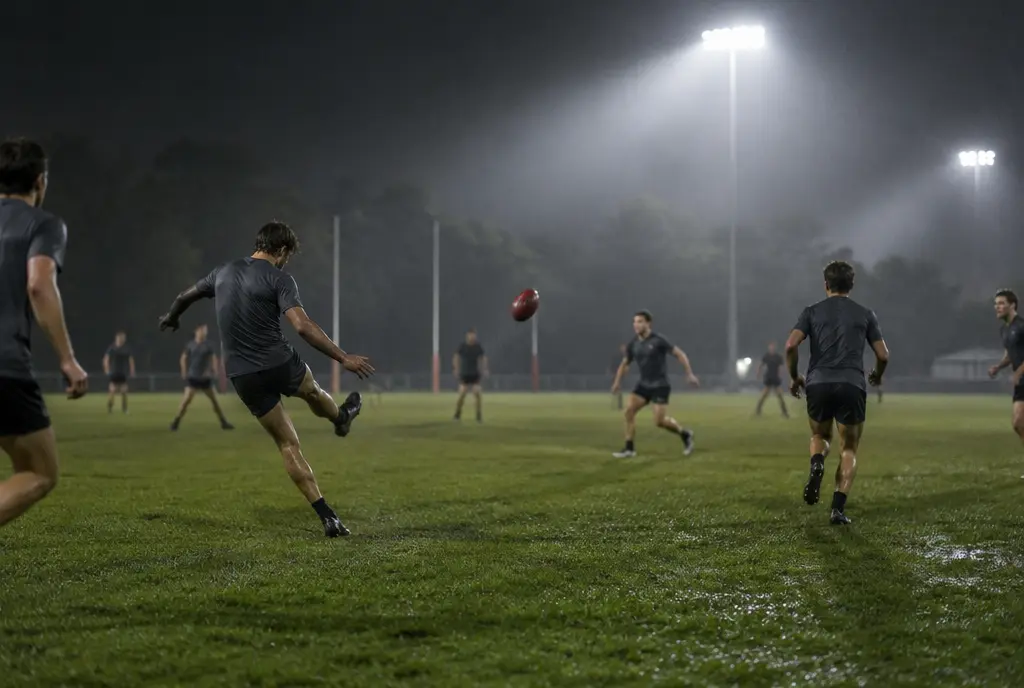 Players in plain grey training tops kicking a football under floodlights